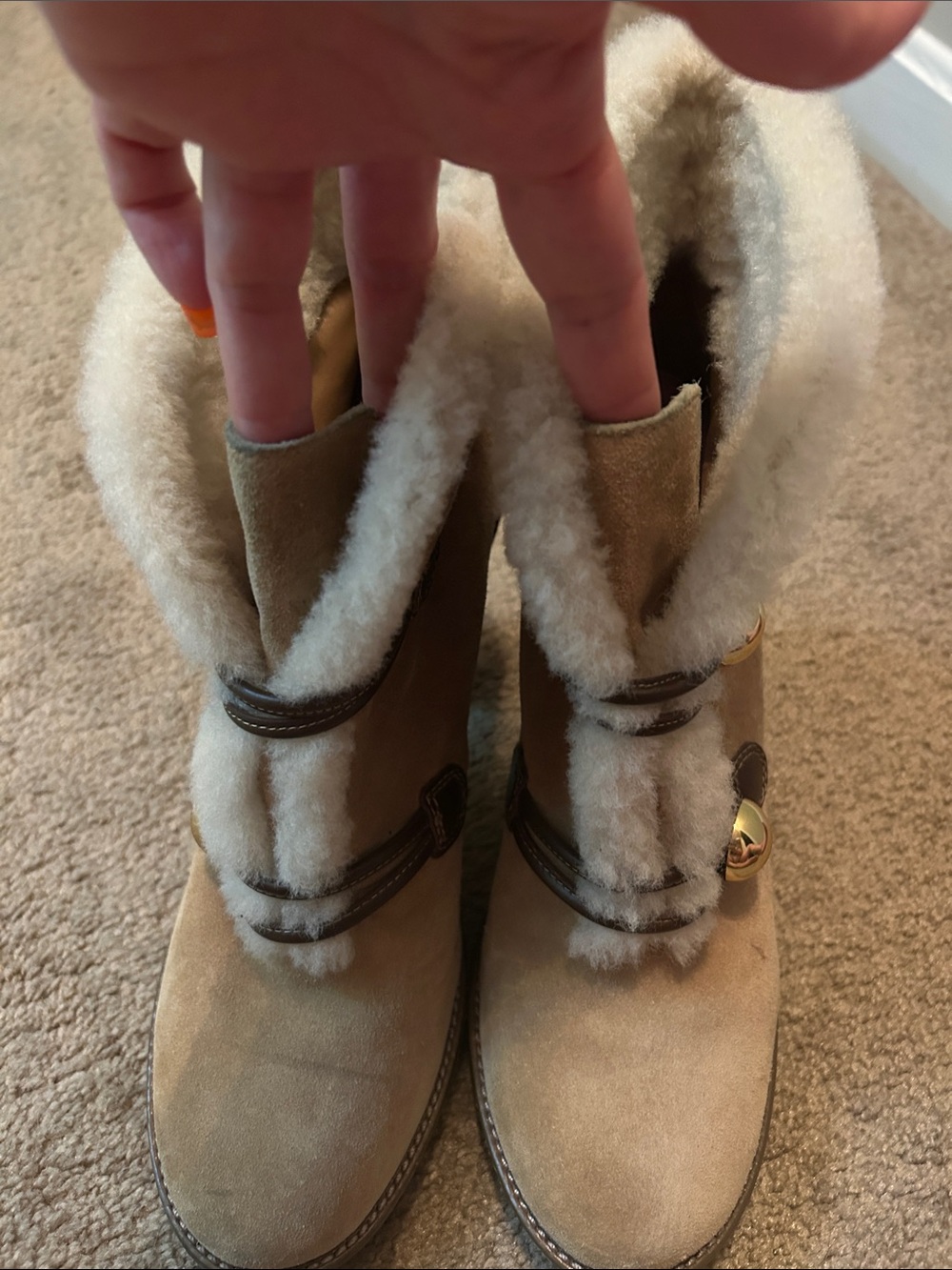 Coach Lenora Tan Suede Shearling-Trim Block Heel Boots - Picture 6 of 10